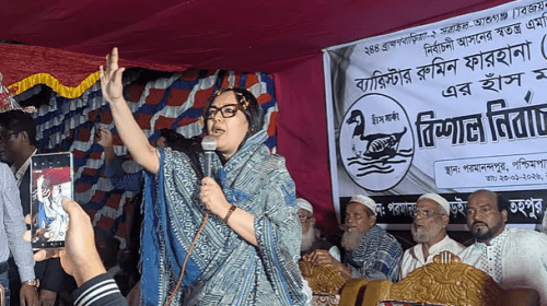 ব্রাহ্মণবাড়িয়ায় নির্বাচনী জনসভায় বক্তব্য দেন ব্রাহ্মণবাড়িয়া-২ আসনের স্বতন্ত্র প্রার্থী রুমিন ফারহানা।