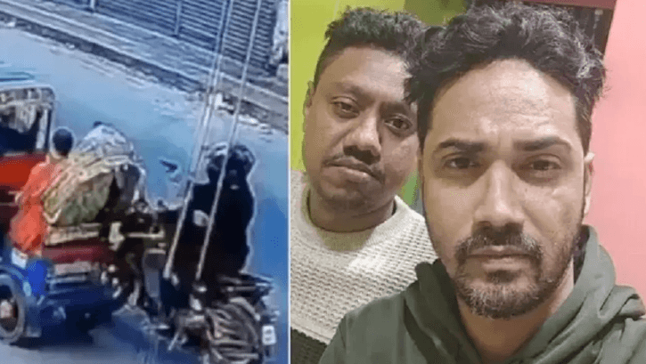 ওসমান হাদিকে গুলি করার দৃশ্য (বাঁয়ে), গ্রেপ্তার দুই আসামি ফয়সাল ও আলমগীর। ছবি: সংগৃহীত