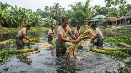 পাট প্রক্রিয়াজাত করছেন বাংলাদেশের কৃষকরা